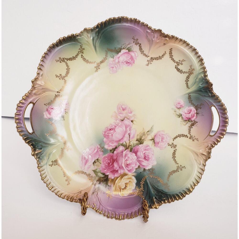 Beautiful Vintage RS‎ PRUSSIA Red Mark Porcelain 11" Cake Plate Pink Roses Gold